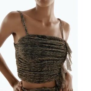 ZARA Gold Silver lurex Metallic Sleeveless Short Crop Top w/Ruffle Front Sz S